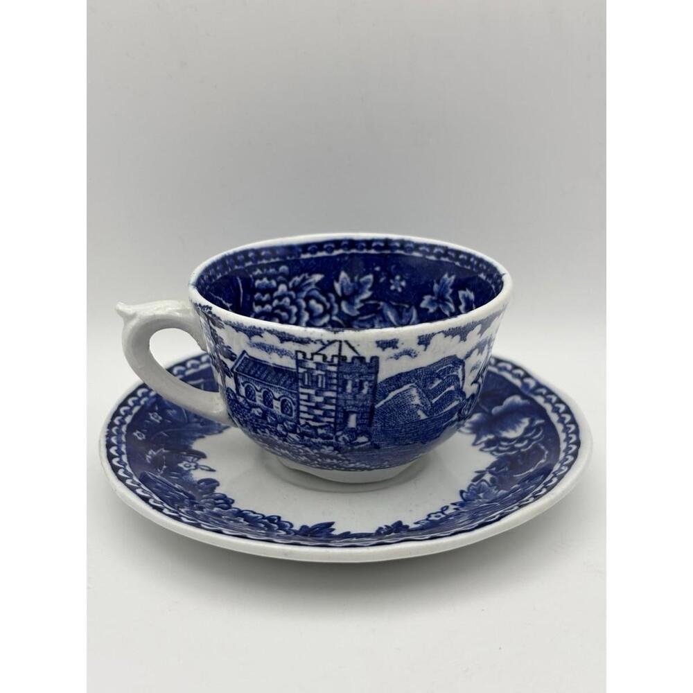 Arabia Finland Blue Landscape Tea Cup & Saucer Vintage Scandinavian Porcelain